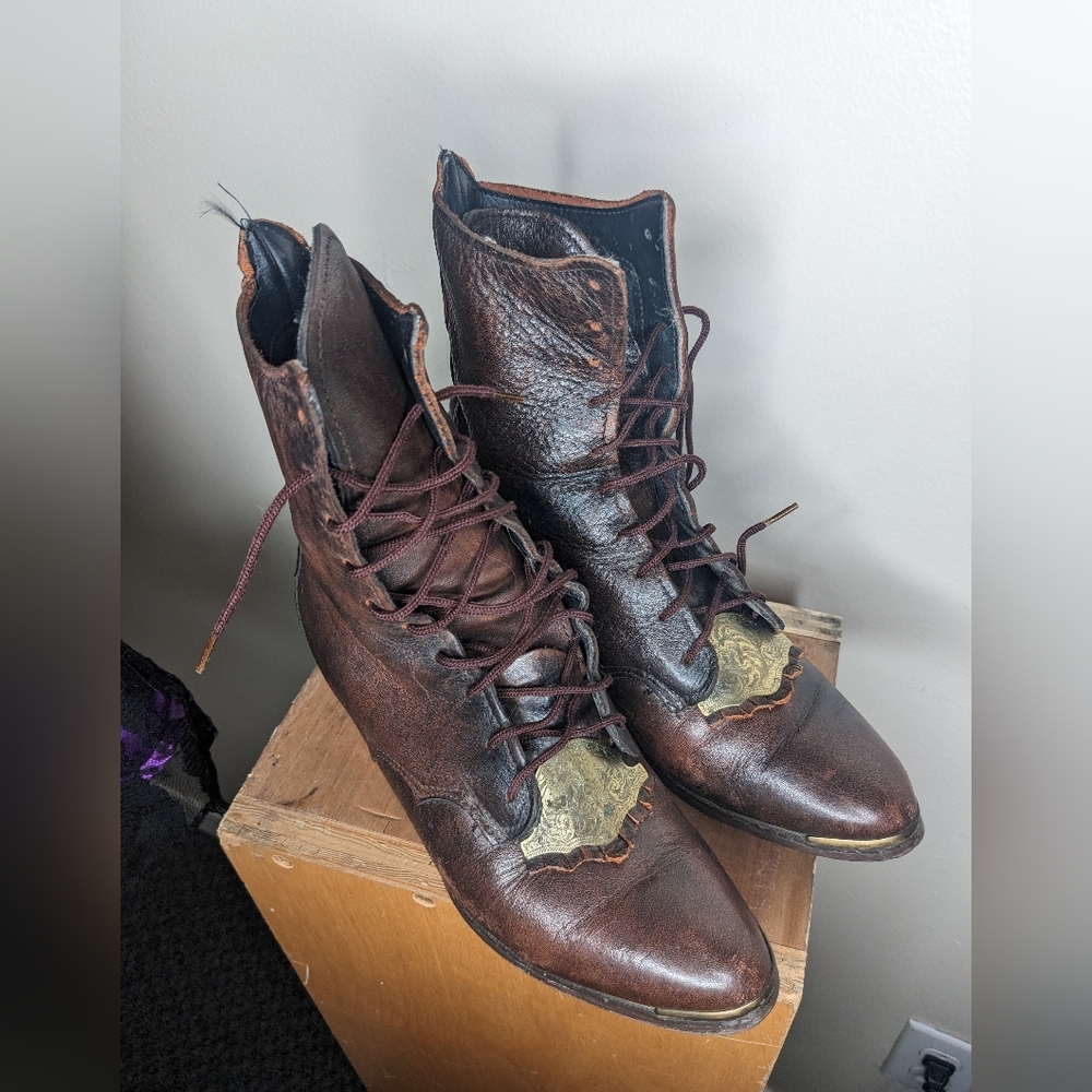 Laredo Dark Brown Leather Lace-Up Western Boots with Brass Plate